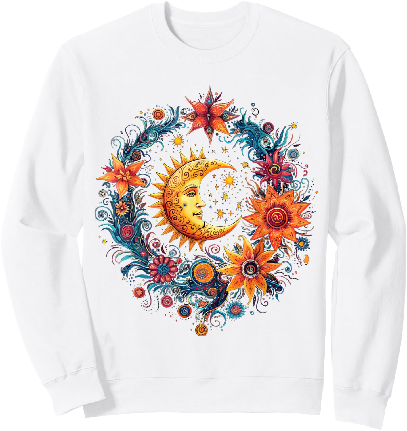 Mystical Sun and Moon with Woman Mystical Flowers Aesthetic Sweatshirt - Sweatshirt | White