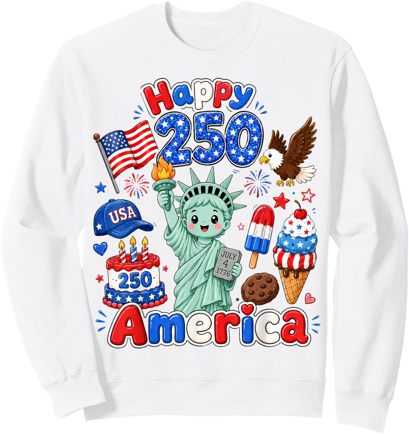Boy Kids 4th of July Happy 250 America 1776-2026 Patriotic Sweatshirt - Sweatshirt | White