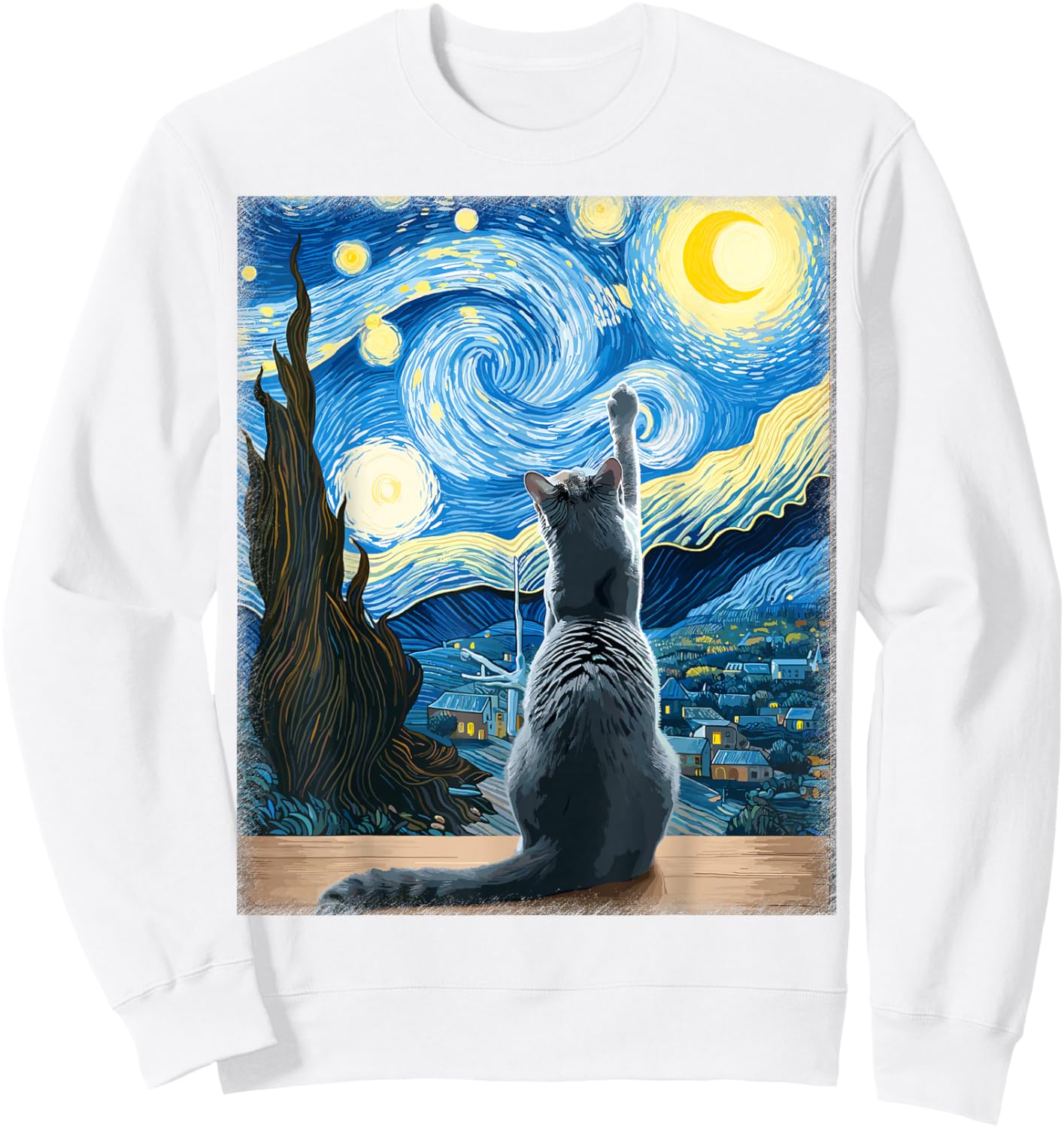 Van Gogh Starry Night Style Artistic Russian Blue Cat Sweatshirt - Sweatshirt | White