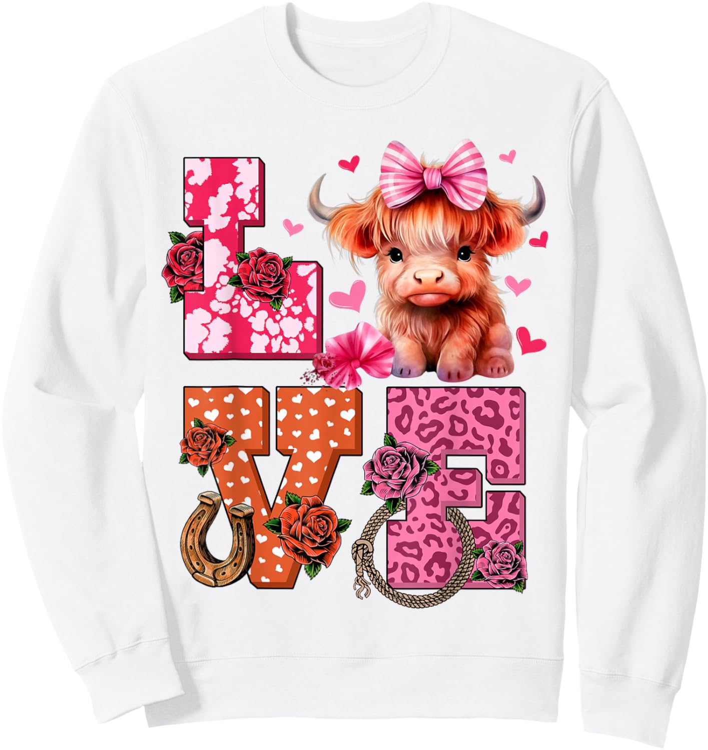 Cute Highland Cow And Pink Heart Valentines Day Love Leopard Sweatshirt - Sweatshirt | White
