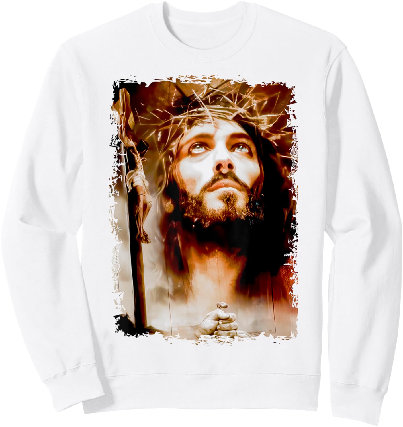 MexiColor Face of Jesus Christ Crown of Thorns Catholic Faith , Small, White Sweatshirt - Sweatshirt | White