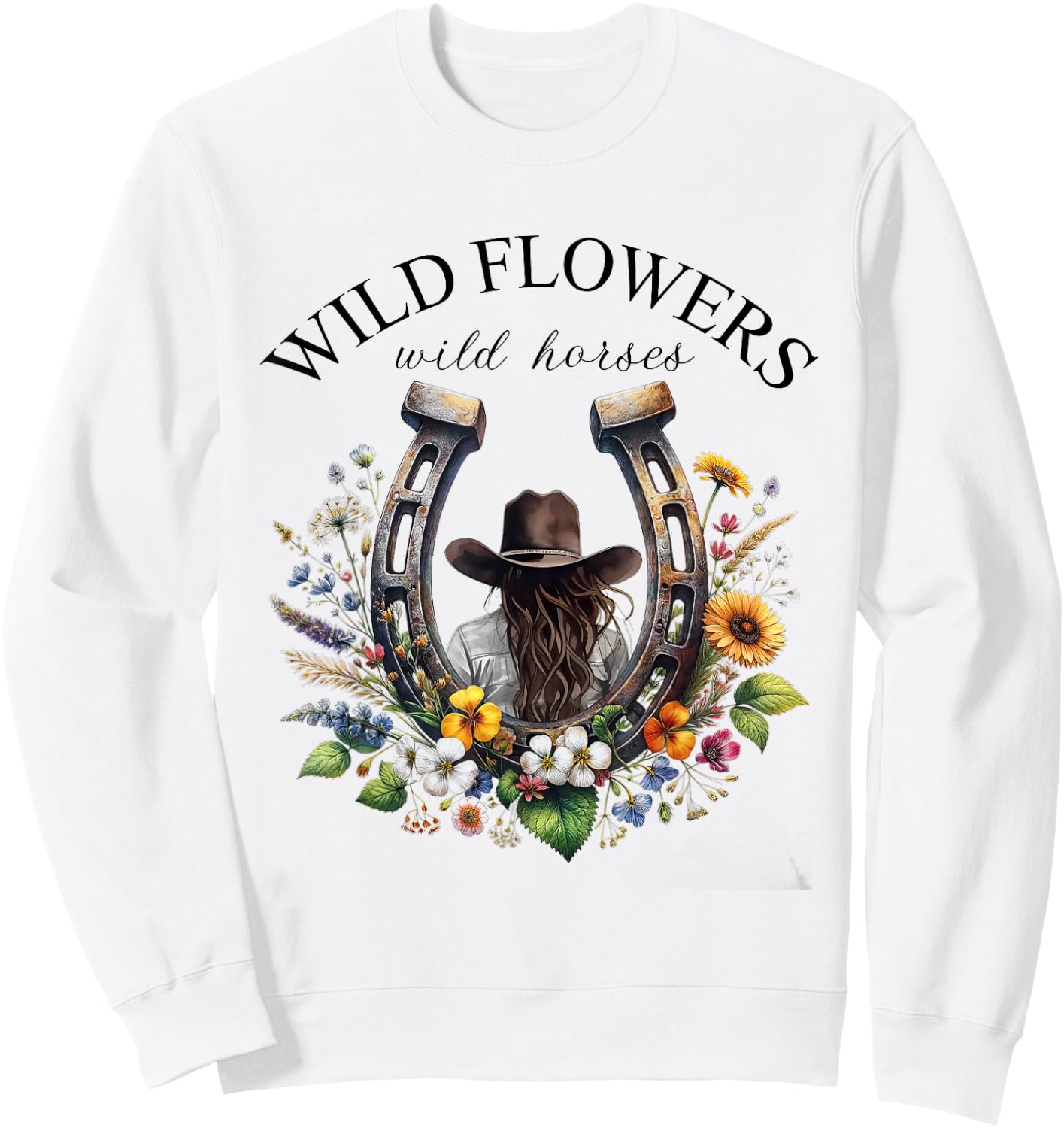 Retro Southern Sunset Cowgirl Wild Flowers - Wild Horses Sweatshirt - Sweatshirt | White
