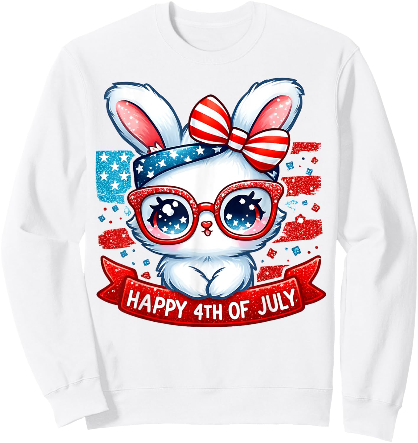 Fourth Of July Bunny USA American Flag Patriotic Glasses Sweatshirt - Sweatshirt | White