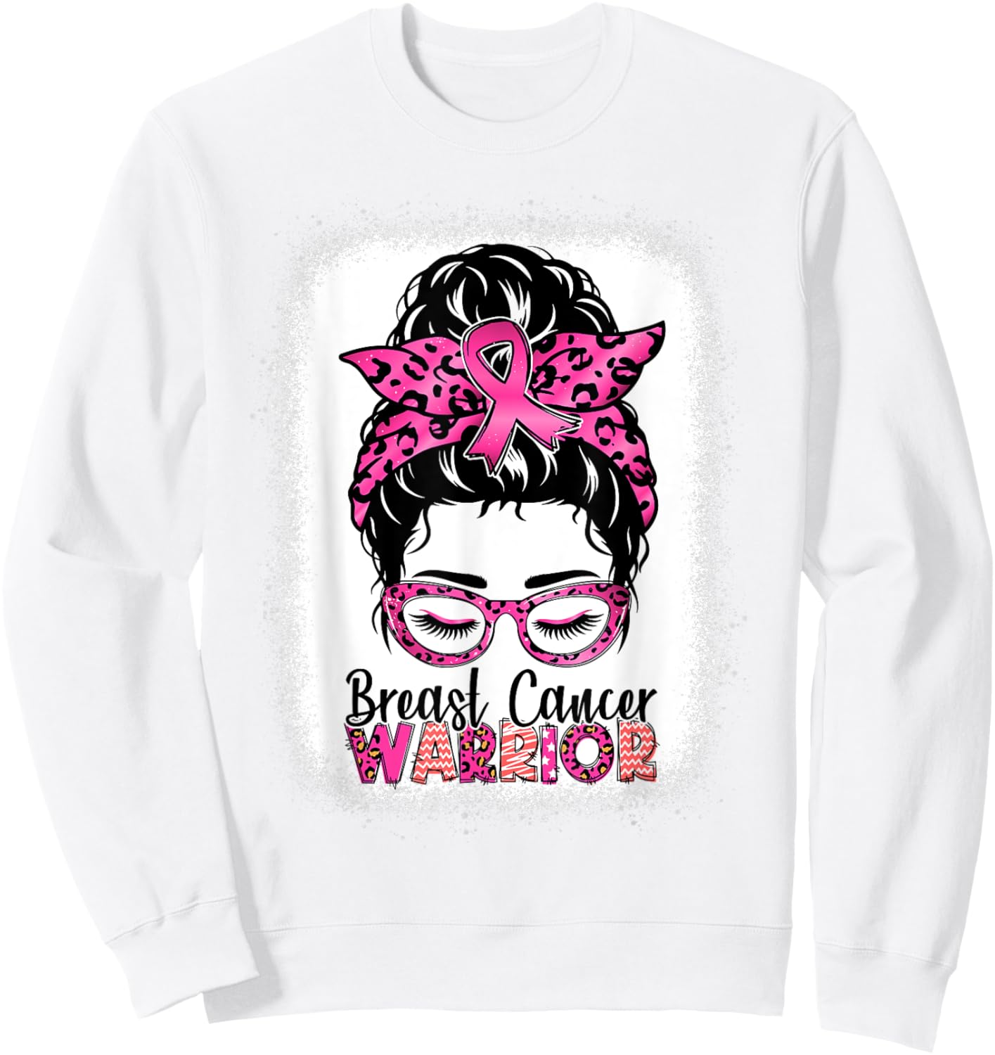 Messy Bun Wear Pink Warrior Breast Cancer Awareness Bleached Sweatshirt - Sweatshirt | White