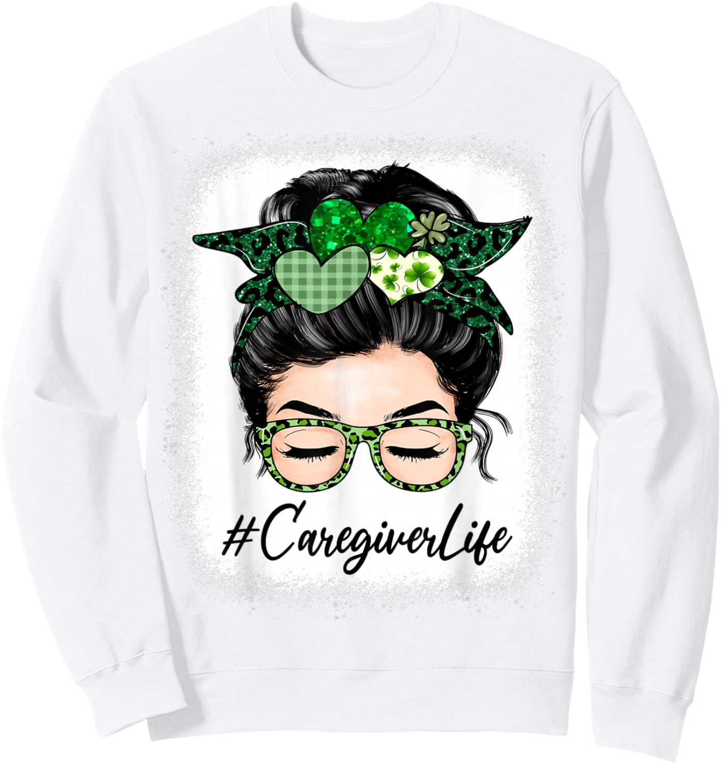 Caregiver Women Messy Bun St Patrick's Day Shamrock Sweatshirt - Sweatshirt | White