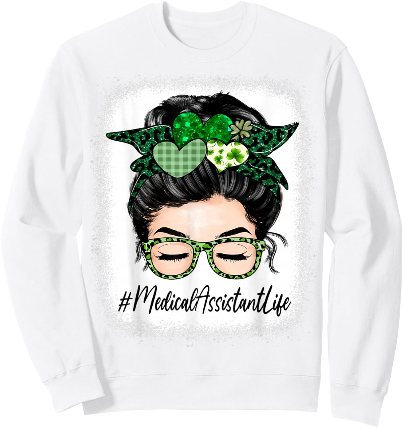 Medical Assistant Women Messy Bun St Patrick's Day Shamrock Sweatshirt - Sweatshirt | White