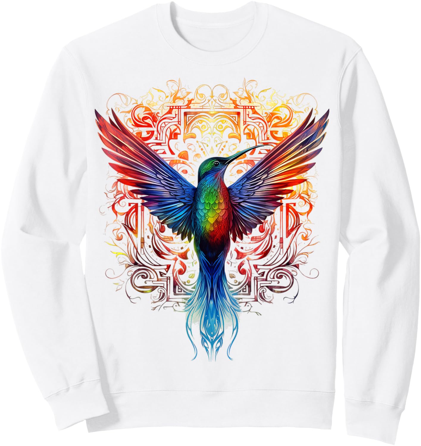 Hummingbird Fantasy Mandala Graphic Animal Art Bird Sweatshirt - Sweatshirt | White