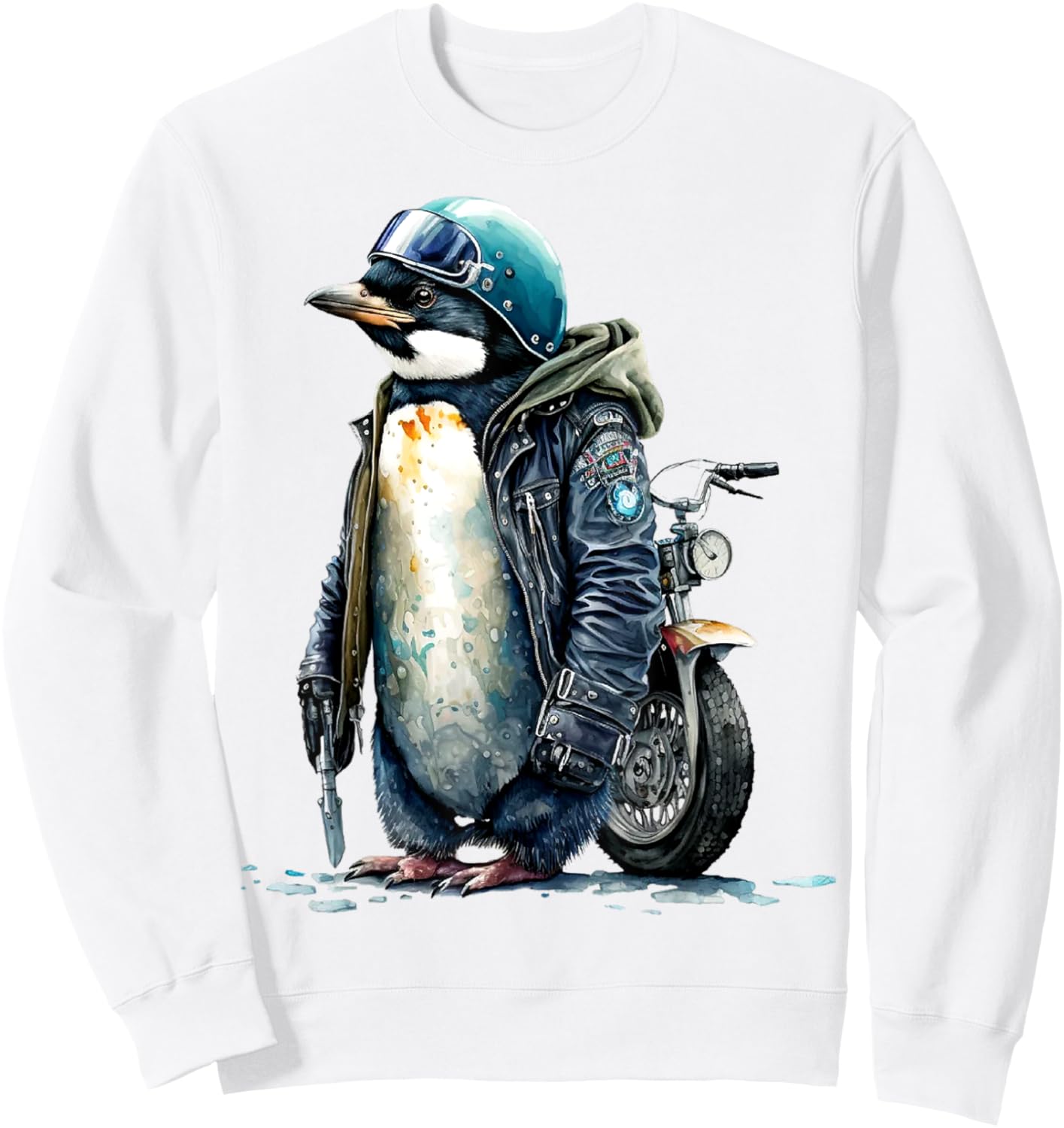 Motor Biker Penguin Helmet Wearing Jacket Funny Motorcycle Sweatshirt - Sweatshirt | White