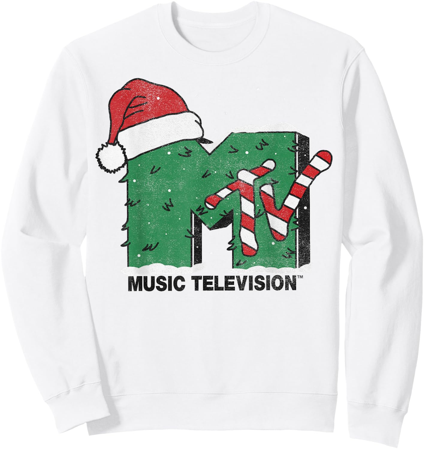 MTV Logo Christmas Tree Santa Hat Colors Graphic Sweatshirt - Sweatshirt | White