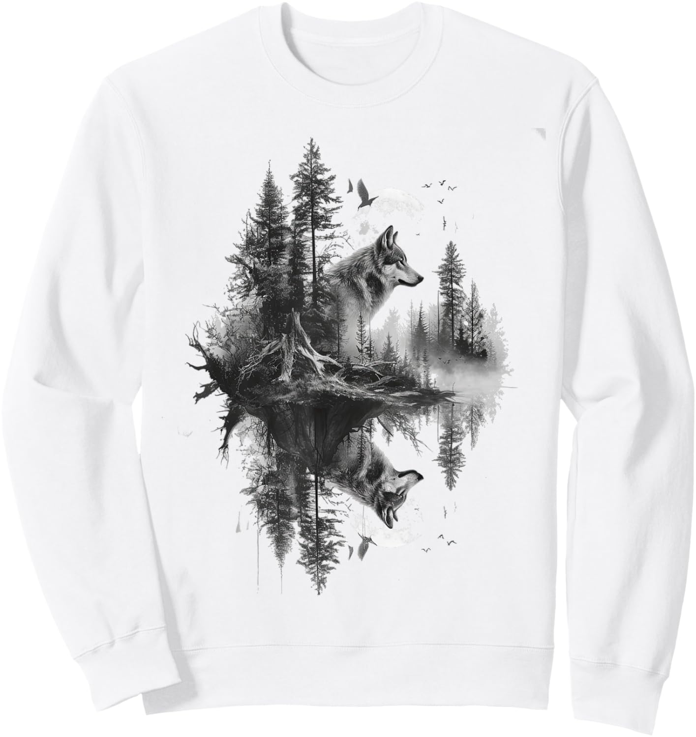 Wolf in front of moon and trees wolves wild animal Sweatshirt - Sweatshirt | White