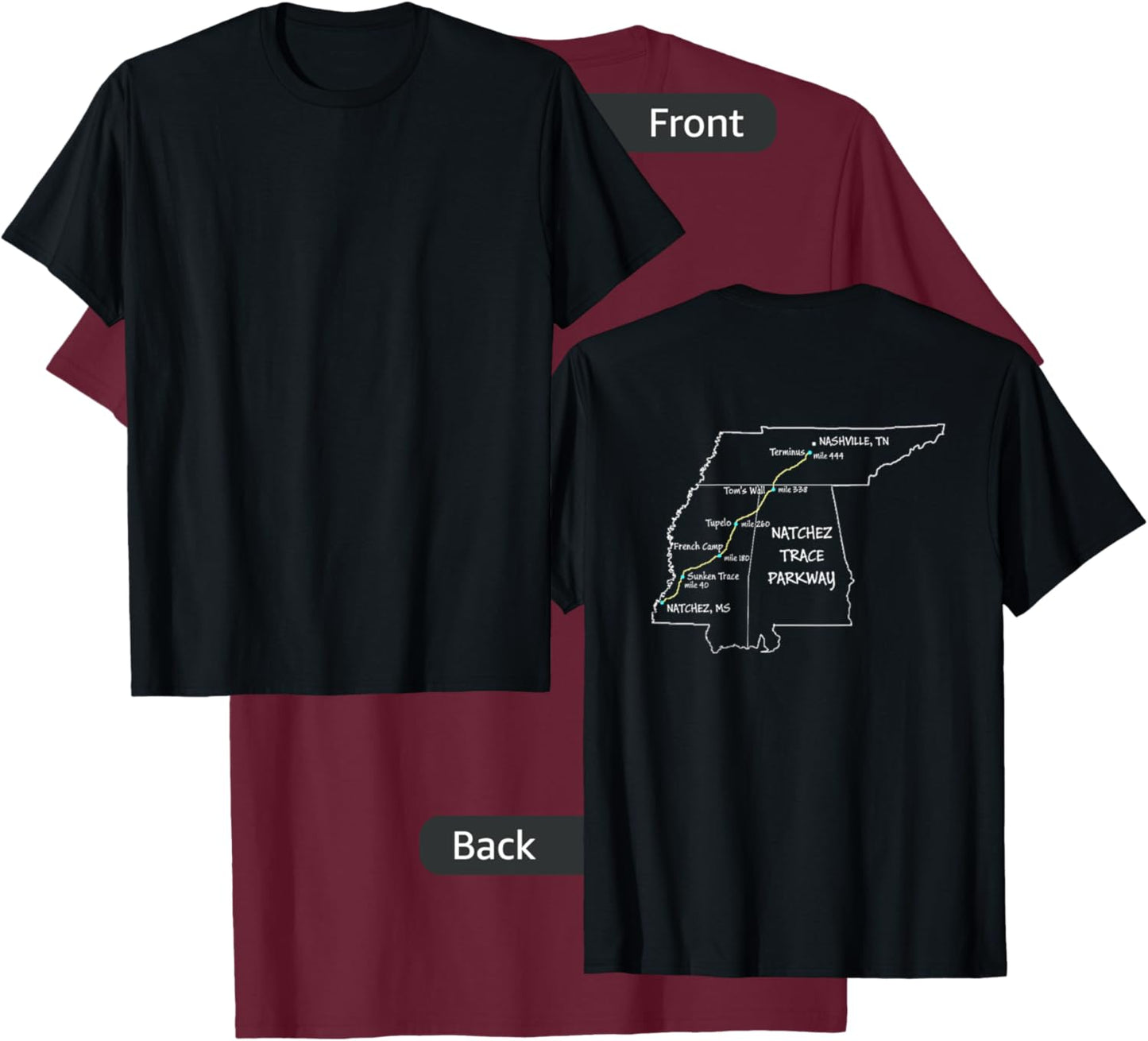 Route Map of the Natchez Trace Parkway National Scenic Trail T-Shirt - T-Shirt | Maroon