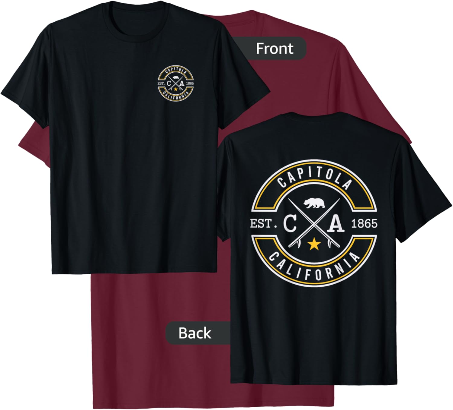 Capitola California CA Retro Surfer Beach Front & Back Women T-Shirt - T-Shirt | Maroon