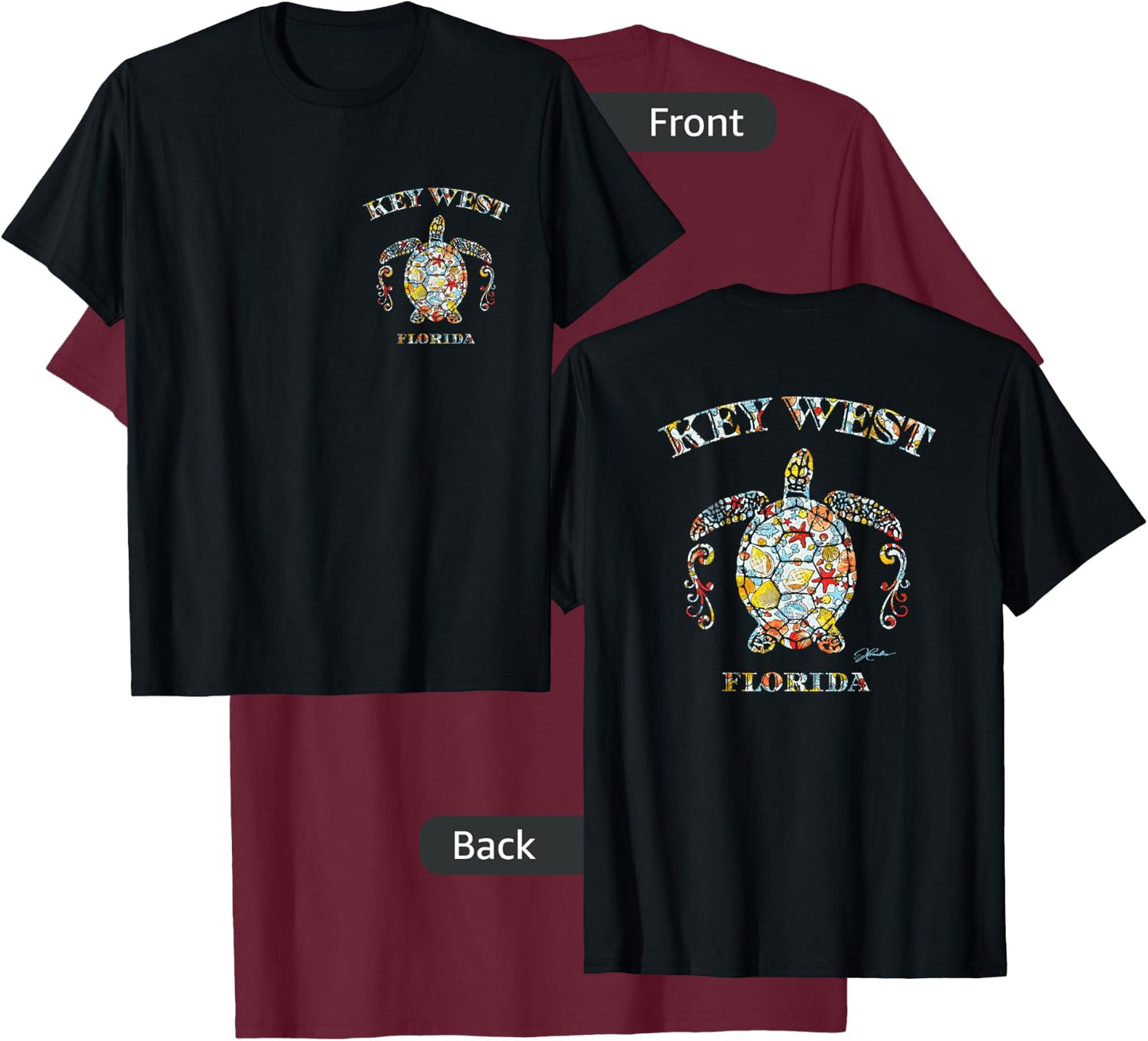 JCombs: Key West, FL, Sea Turtle w/ Seashells (Two-Sided) T-Shirt - T-Shirt | Maroon