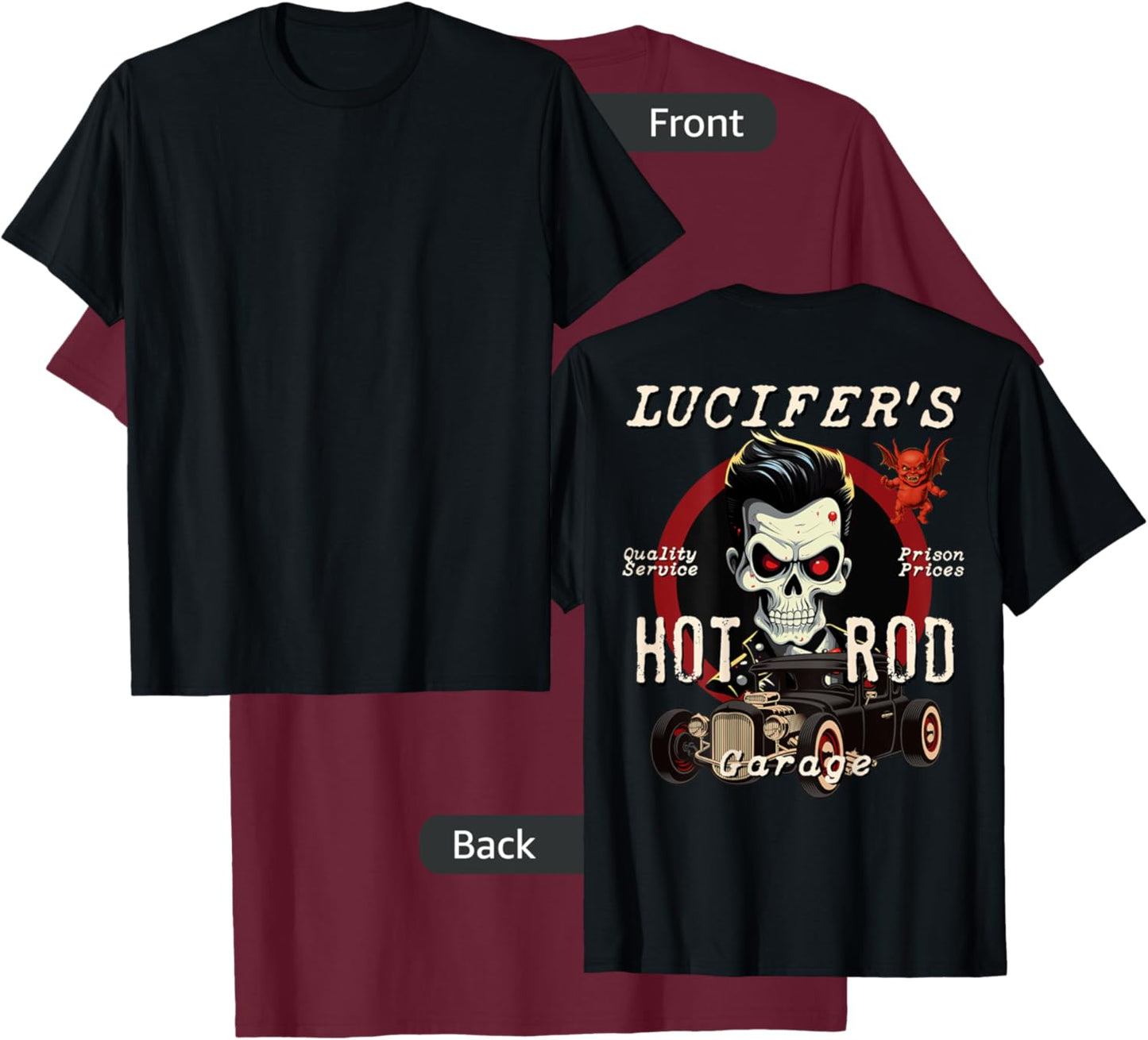 Lucifer's Hot Rod Garage Biker Rockabilly Skull Retro T-Shirt - T-Shirt | Maroon