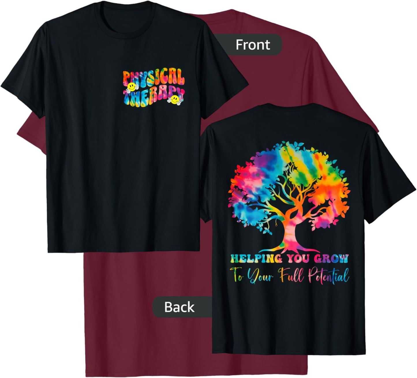 (2 SIDED) Physical Therapy Month Tie Dye Groovy PT Month 70s T-Shirt - T-Shirt | Maroon
