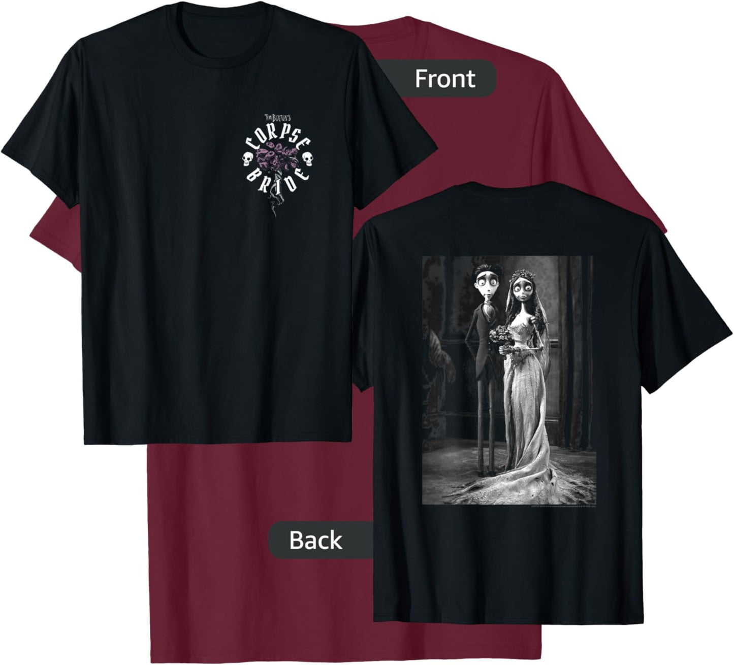 Corpse Bride Front and Back Victor Emily Marriage Movie T-Shirt - T-Shirt | Maroon
