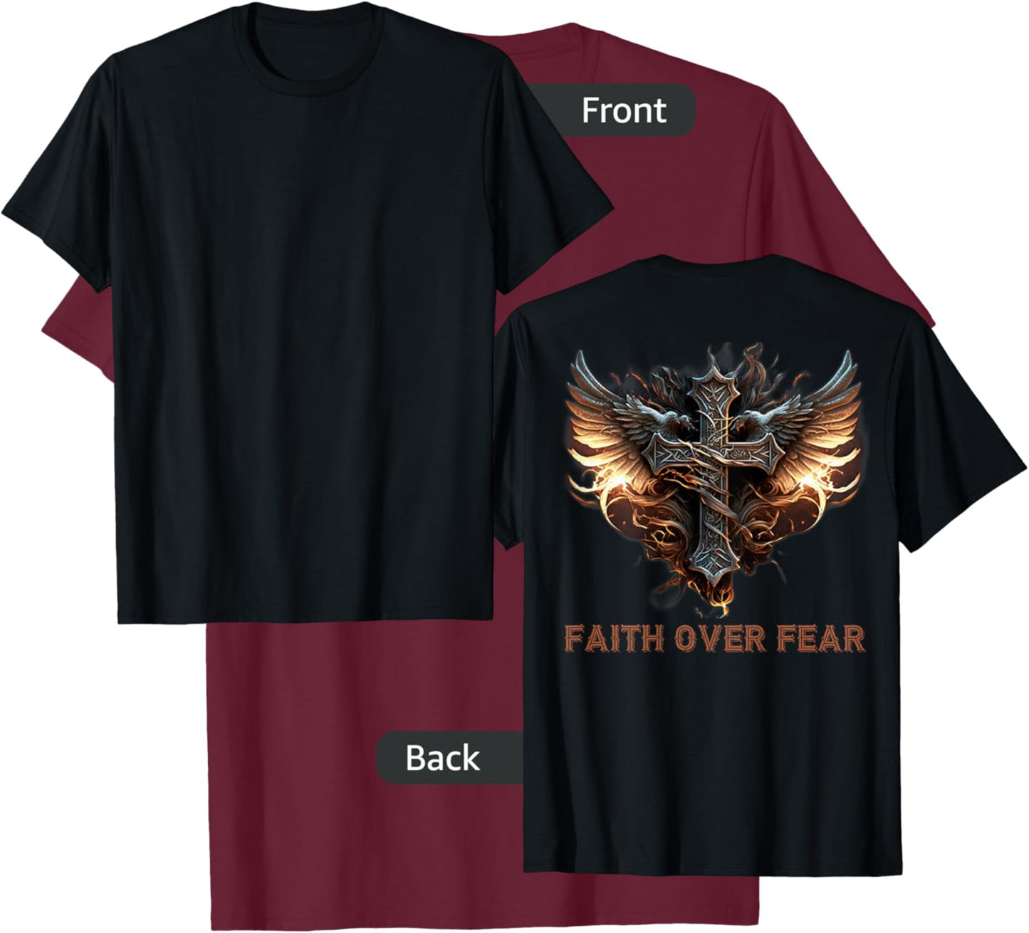 Angel Wings Christian Cross Faith Over Fear - On Back T-Shirt - T-Shirt | Maroon