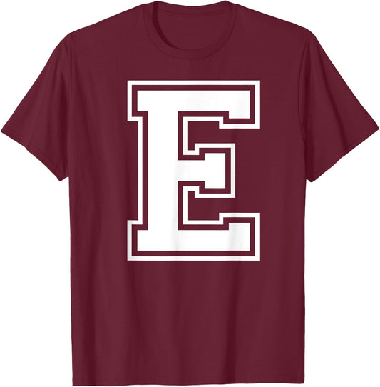 Letter E Capital Alphabet College Varsity Monogram Club T-Shirt - T-Shirt | Maroon