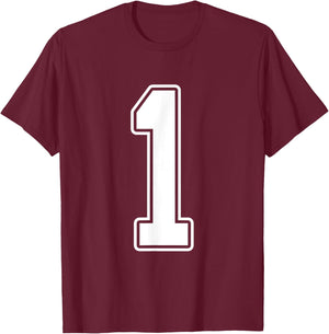 #1 White Outline Number 1 Sports Fan Jersey Style T-Shirt - T-Shirt | Maroon
