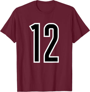All Sports Fan Number #12 White Black Outline Jersey T-Shirt - T-Shirt | Maroon