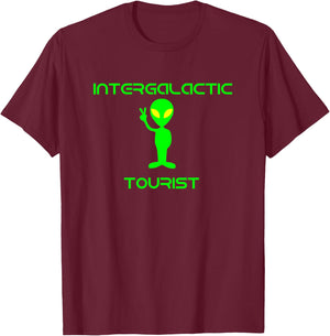 Intergalactic Tourist Funny Green Alien UFO Retro Peace T-Shirt - T-Shirt | Maroon