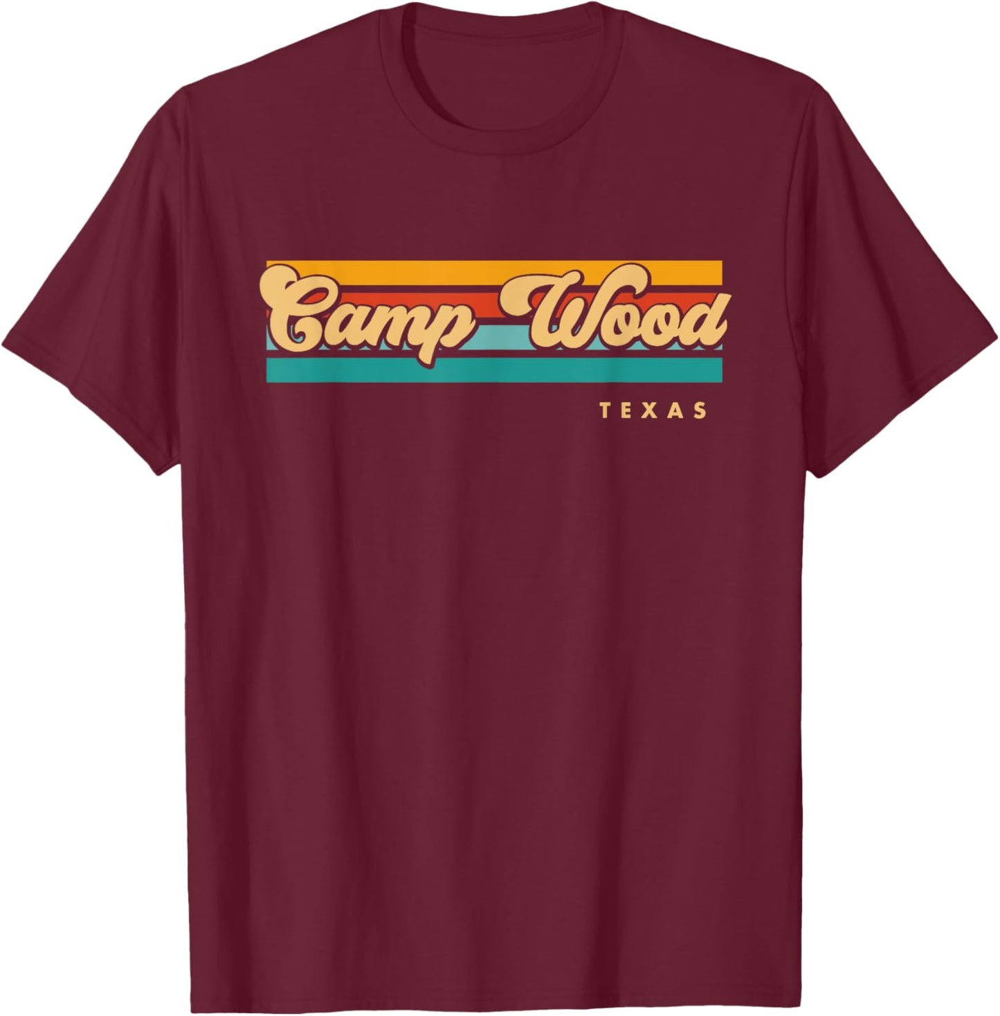 Vintage Sunset Stripes Camp Wood, Texas T-Shirt - T-Shirt | Maroon