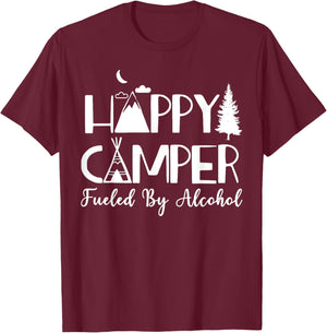 Happy Camper Fueled By Alcohol Camping Drinking Party T-Shirt - T-Shirt | Maroon