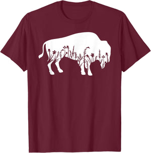 Buffalo Flower American Bison Animal Silhouette T-Shirt - T-Shirt | Maroon