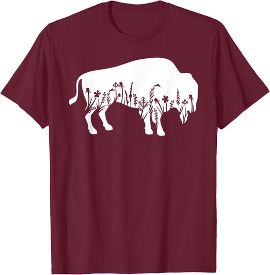 Buffalo Flower American Bison Animal Silhouette T-Shirt - T-Shirt | Maroon