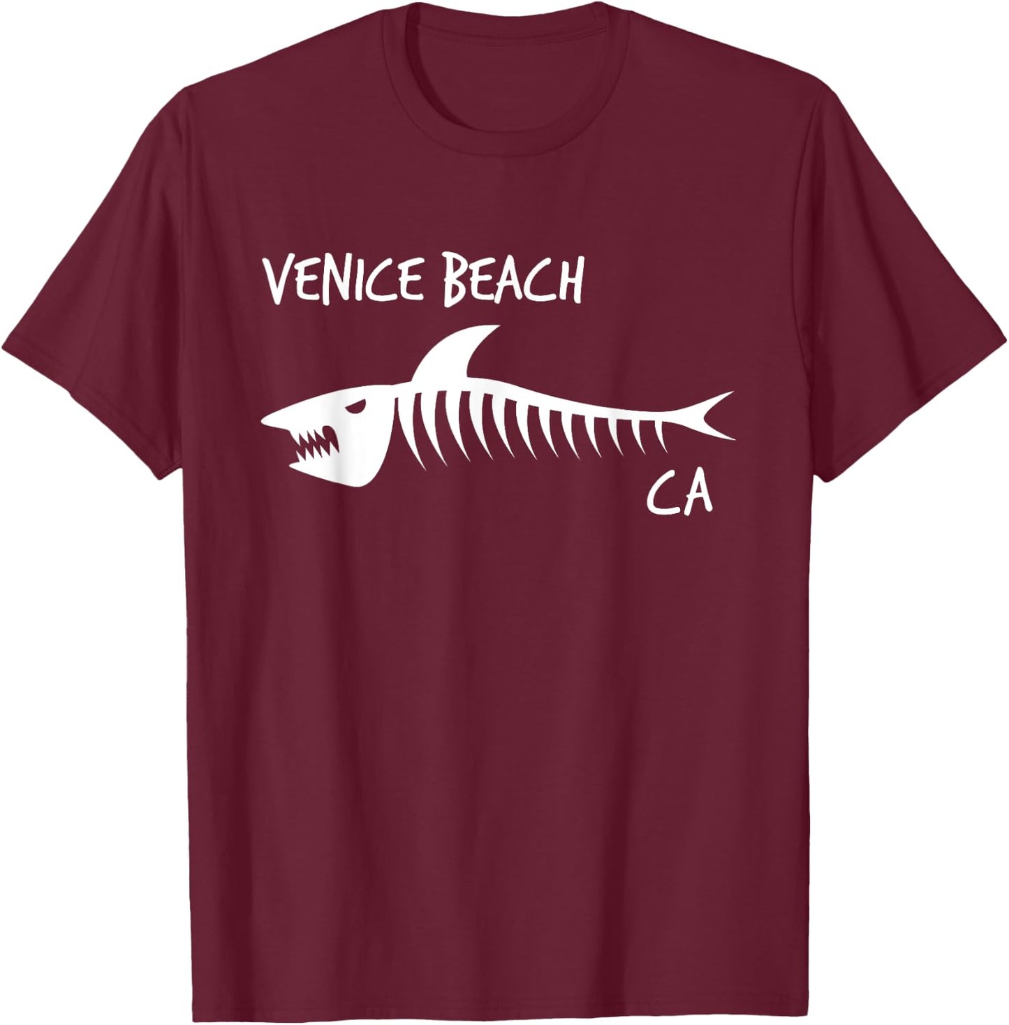 Venice Beach CA Shark Skeleton White Print Men Women Kids T-Shirt - T-Shirt | Maroon