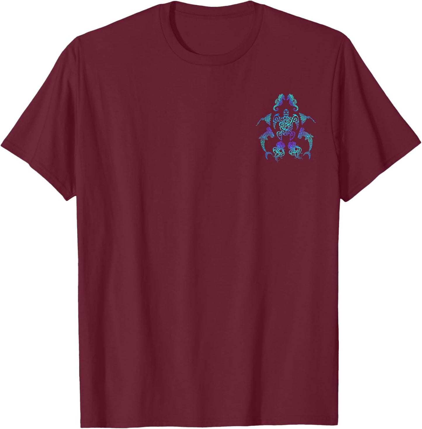 Tribal Hawaiian Maori Sun Sea Turtle Shark Searhorse & Ray T-Shirt - T-Shirt | Maroon