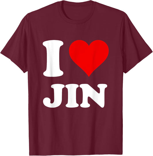 Red Heart I Love Jin T-Shirt - T-Shirt | Maroon