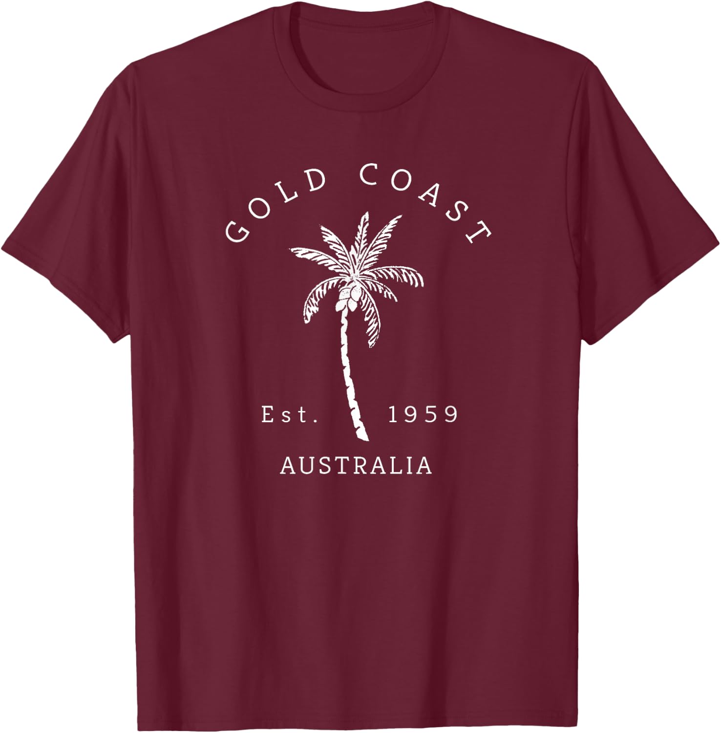 Retro Cool Gold Coast Australia Palm Tree Novelty Art T-Shirt - T-Shirt | Maroon