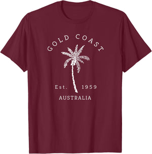 Retro Cool Gold Coast Australia Palm Tree Novelty Art T-Shirt - T-Shirt | Maroon