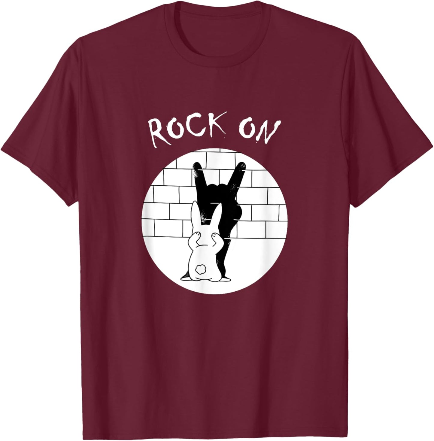Funny Rock On Rabbit Bunny Shadow Music Rock 'n Roll Hand T-Shirt - T-Shirt | Maroon