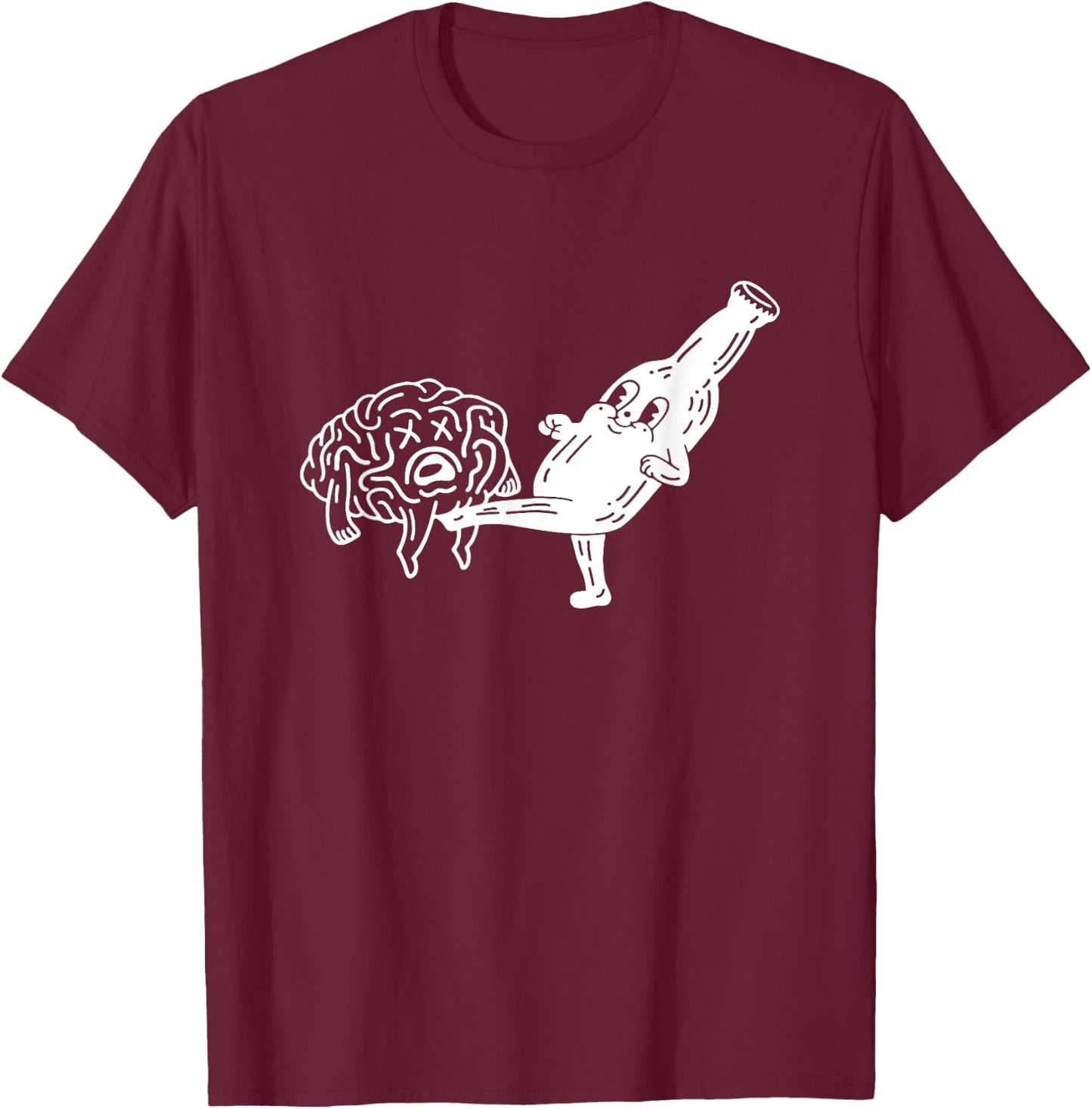 Smiling Beer Bottle Kicking Brain T-Shirt - T-Shirt | Maroon