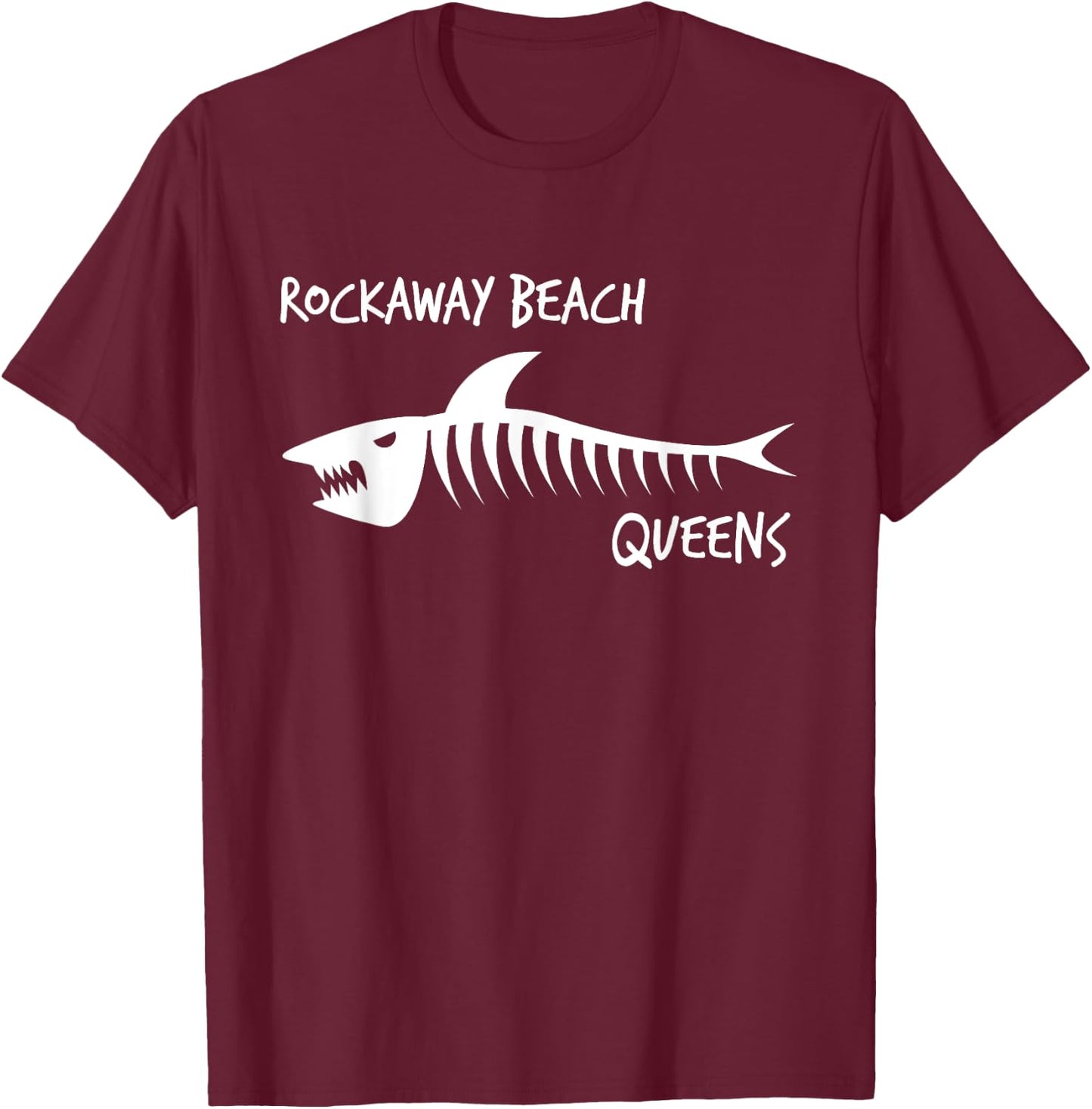 Rockaway Beach Queens Shark Skeleton White Print T-Shirt - T-Shirt | Maroon
