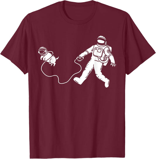 Funny Astronaut Walking Space Dog Science Outer Space T-Shirt - T-Shirt | Maroon