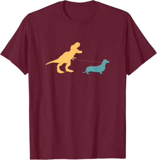 Dachshund T Rex Dinosaur Walking Wiener Weiner Dog Owner T-Shirt - T-Shirt | Maroon