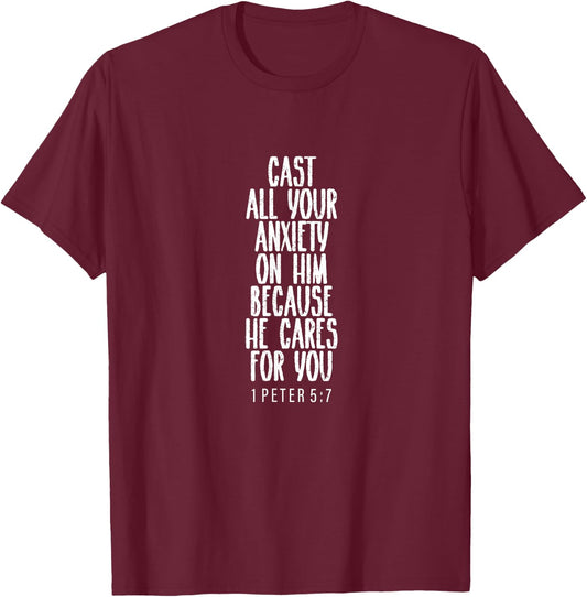 1 Peter 5:7, Bible Verse, Gift & Men, Christian T-Shirt - T-Shirt | Maroon