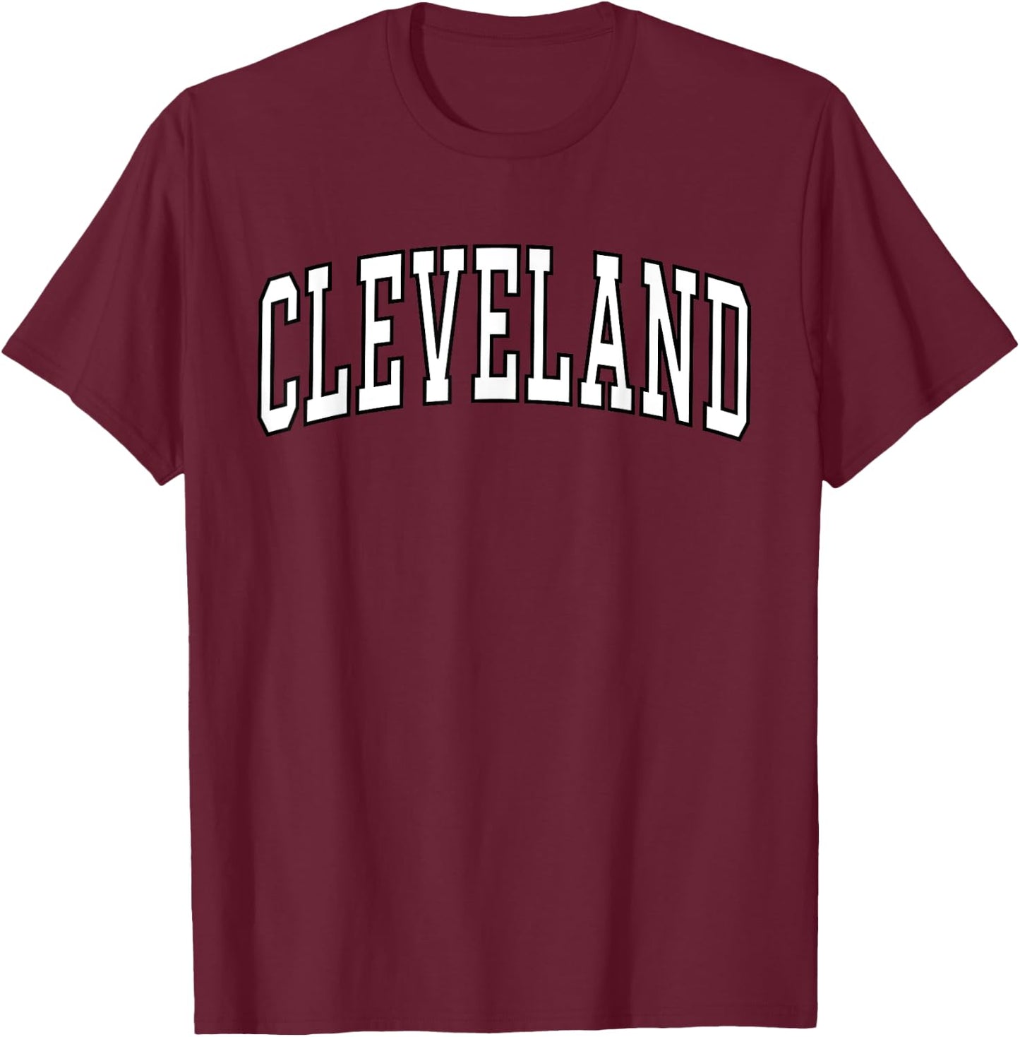 Cleveland Apparel . Co - Vintage Varsity Arched Text Cleveland - Adults - Red - Small - Short Sleeve - Polyester 100% - - Retro - Letter Print T-Shirt - T-Shirt | Maroon
