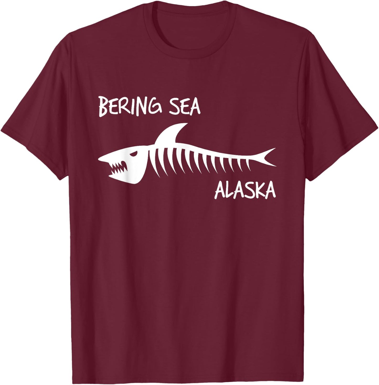 Bering Sea Alaska Shark Skeleton White Print T-Shirt - T-Shirt | Maroon