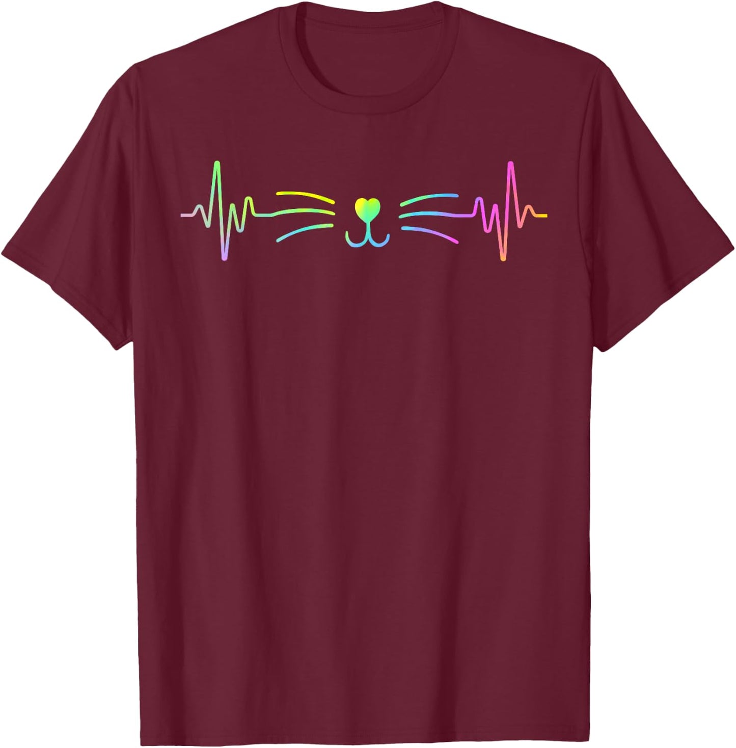 Colorful Heartbeat Cat Lover Animal Silhouette Cute Cat T-Shirt - T-Shirt | Maroon