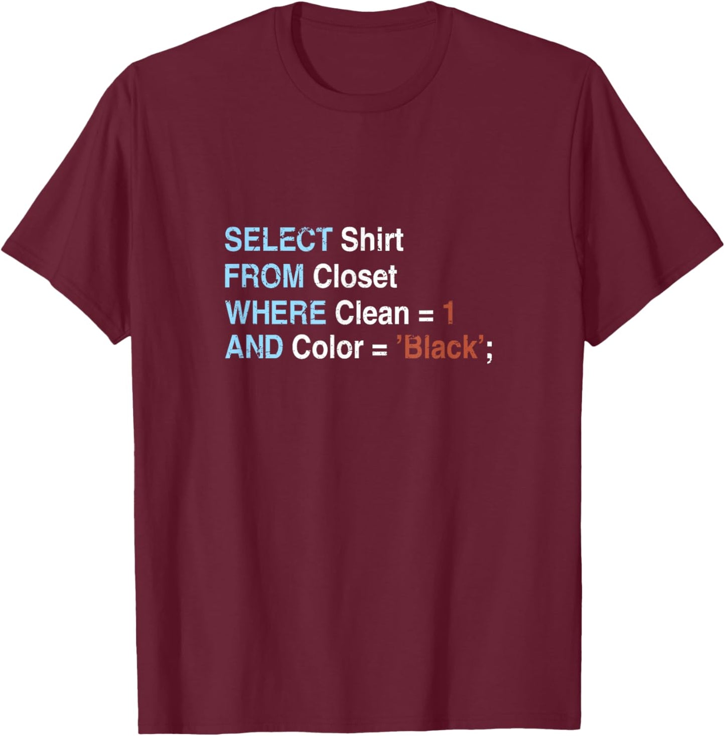 Select Shirt From Closet Where Clean = 1 And Color = 'Black' T-Shirt - T-Shirt | Maroon