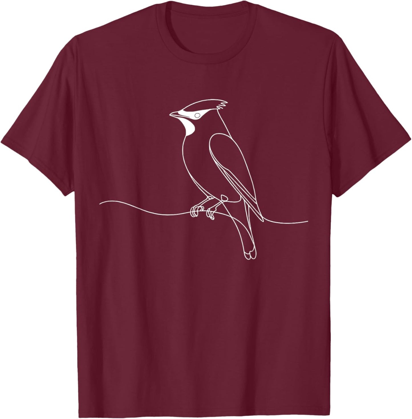 Line Art Bird Ornithologist Cedar Waxwing T-Shirt - T-Shirt | Maroon