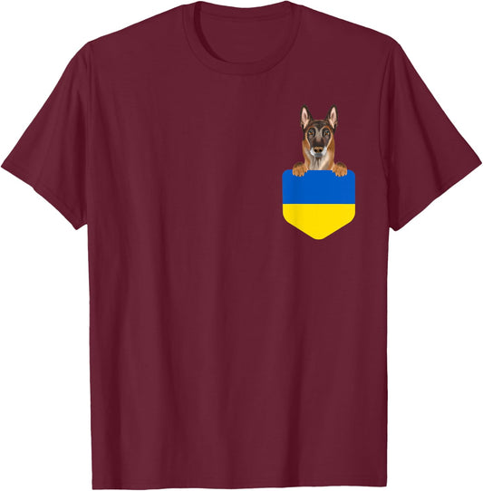 Ukraine Flag Belgian Malinoi Dog In Pocket T-Shirt - T-Shirt | Maroon