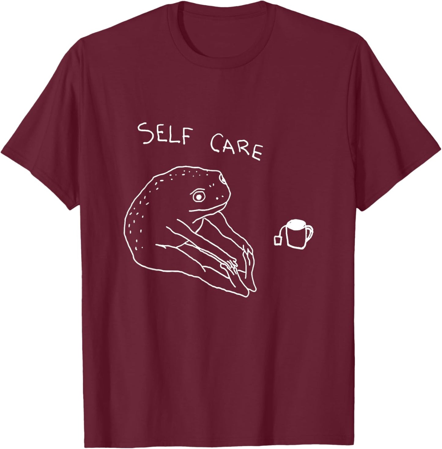 Self Care | Frog Drinking Tea | Yoga T-Shirt - T-Shirt | Maroon
