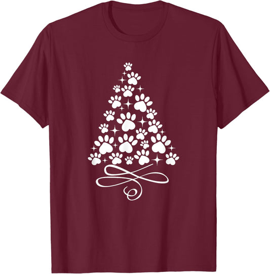 Pet Paw Print Tree Christmas Paw Print Dog Cat Puppy Gift Women Kids T-Shirt - T-Shirt | Maroon
