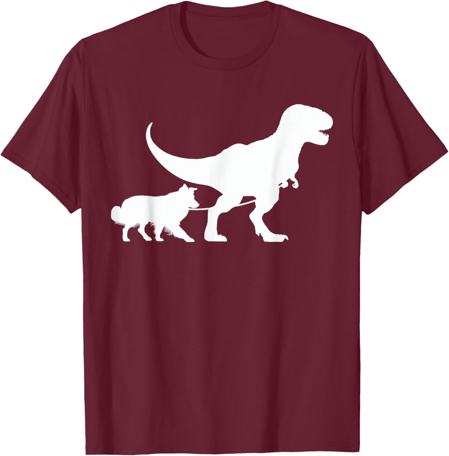 T-Rex Walking a Dog Funny Border Collie Dad Dog Lovers T-Shirt - T-Shirt | Maroon
