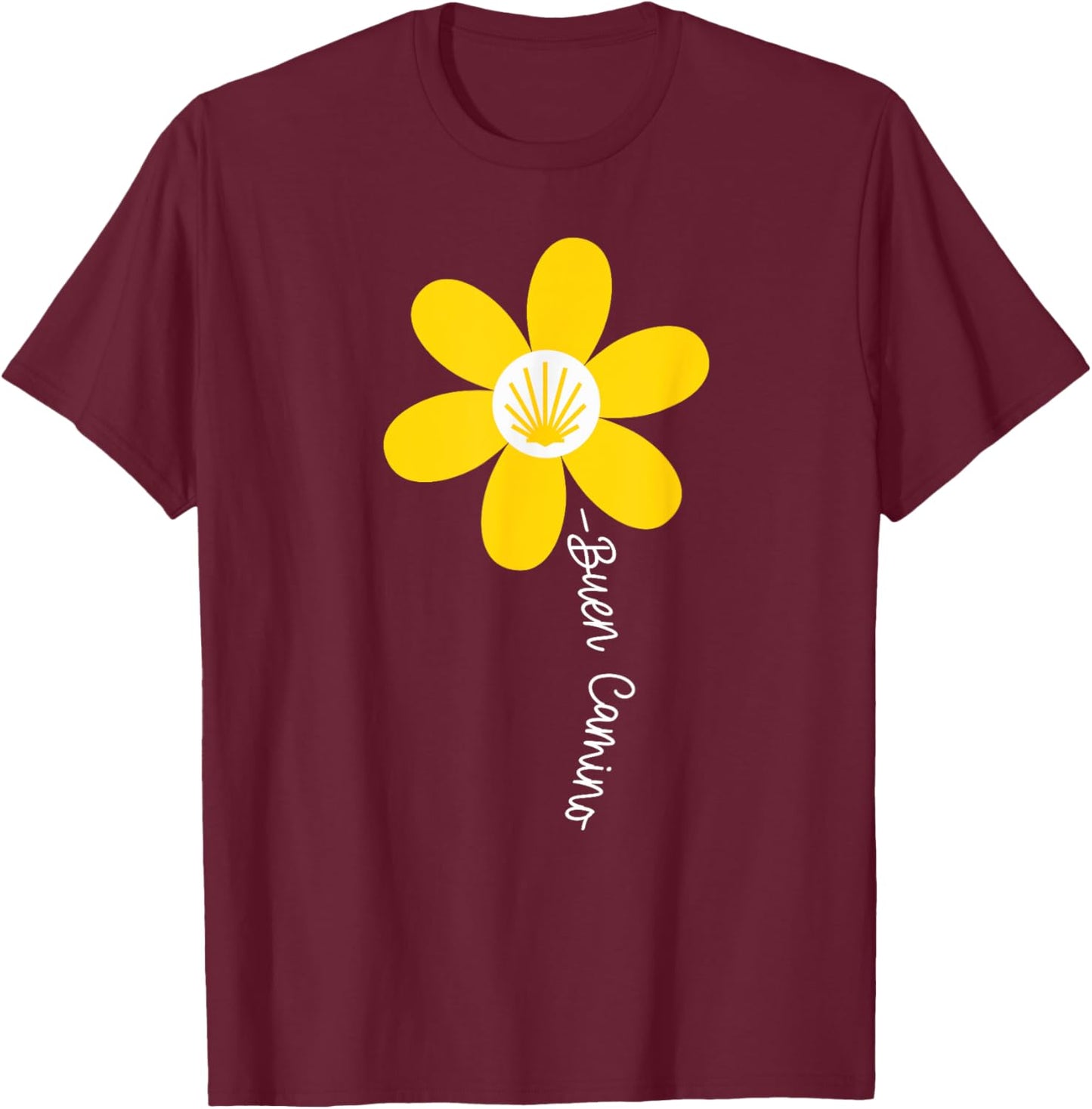 BUEN CAMINO Pilgrim Feminine Daisy Shell T-Shirt - T-Shirt | Maroon